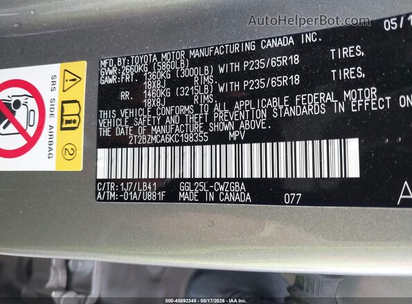 2T2BZMCA6KC198355 2019 LEXUS RX 350 Gray Widok komory silnika
