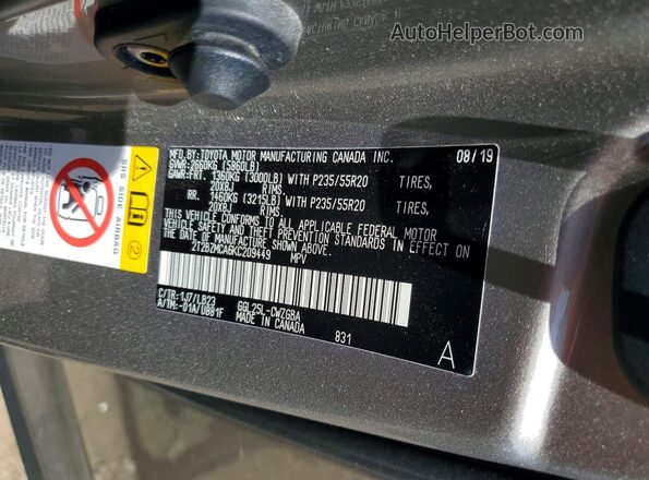 2T2BZMCA6KC209449 2019 LEXUS RX Silver Widok naklejki z numerem VIN
