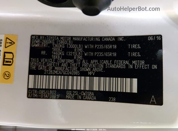 2T2BZMCA7GC040985 2016 LEXUS RX 350 White Вид підкапотного простору