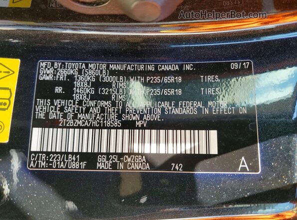 2T2BZMCA7HC118585 2017 LEXUS RX Black VIN sticker view