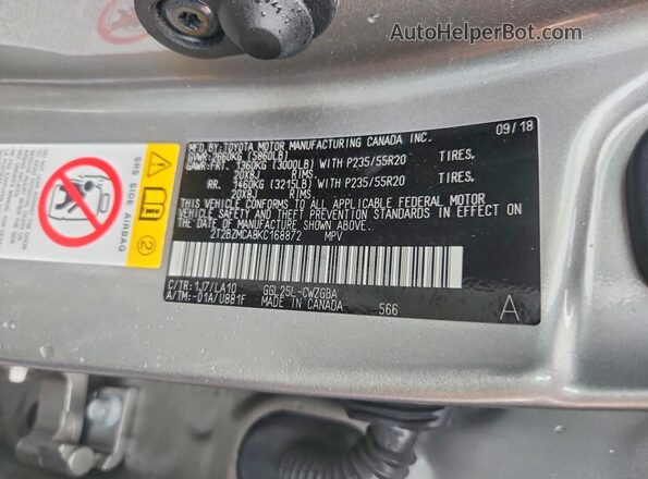 2T2BZMCA8KC168872 2019 LEXUS RX Beige VIN sticker view