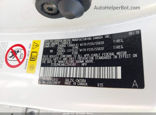 2T2BZMCA8KC204589 2019 LEXUS RX 350 White Widok komory silnika