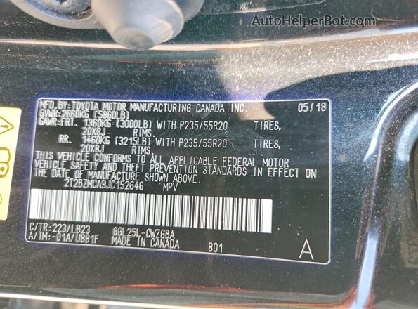2T2BZMCA9JC152646 2018 LEXUS RX Черный Вид наклейки с VIN-кодом