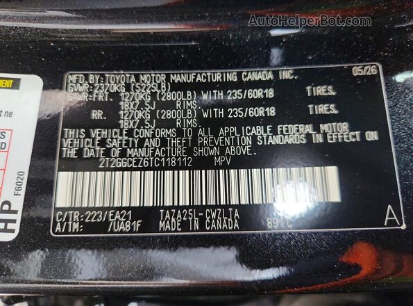 2T2GGCEZ6TC118112 2026 LEXUS NX Black Widok naklejki z numerem VIN