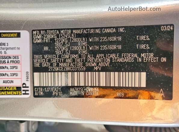 2T2GKCEZ8RC031559 2024 LEXUS NX Silver Вид наклейки з VIN-кодом