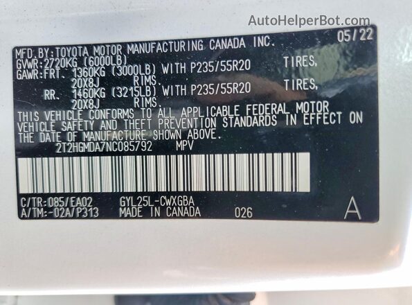 2T2HGMDA7NC085792 2022 LEXUS RX White Widok wnętrza 360 stopni