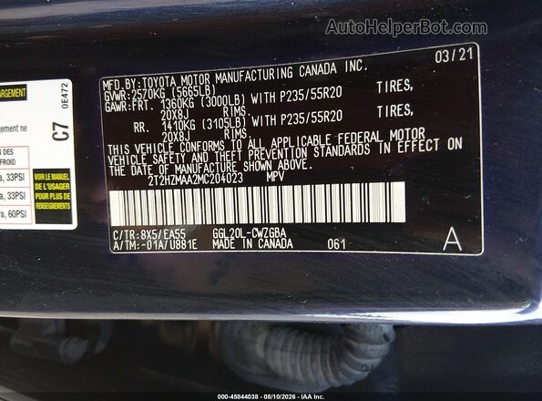 2T2HZMAA2MC204023 2021 LEXUS RX 350 Blue Engine compartment view