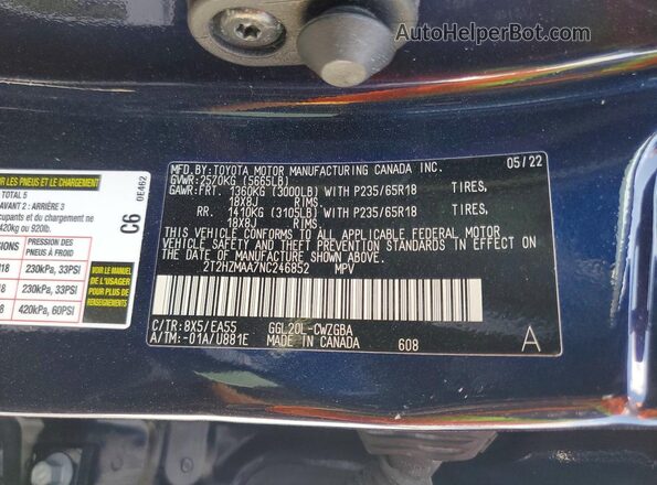 2T2HZMAA7NC246852 2022 LEXUS RX Blue Widok naklejki z numerem VIN