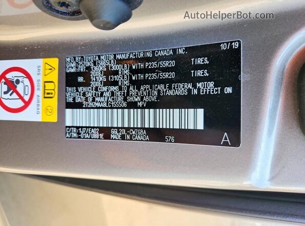 2T2HZMAA8LC155506 2020 LEXUS RX Серебряный Вид наклейки с VIN-кодом