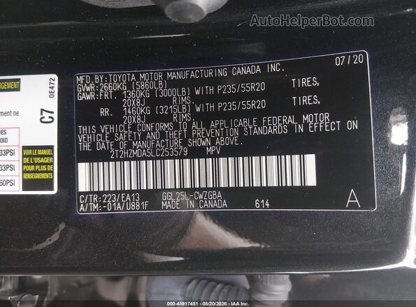 2T2HZMDA5LC253579 2020 LEXUS RX 350 Черный Вид подкапотного пространства