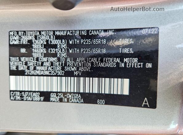 2T2HZMDA9NC357902 2022 LEXUS RX Tan Vista de la etiqueta del VIN