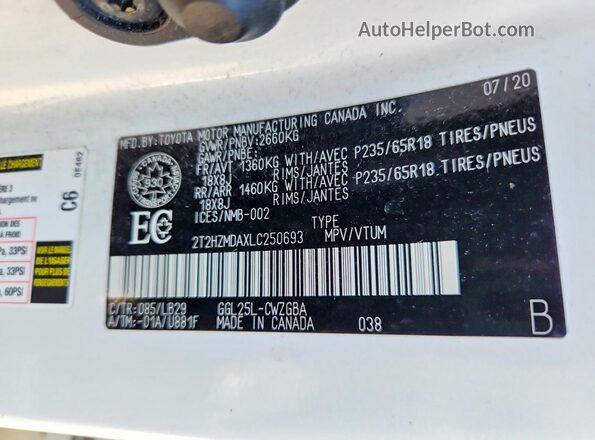2T2HZMDAXLC250693 2020 LEXUS RX White VIN კოდის სტიკერის ხედი