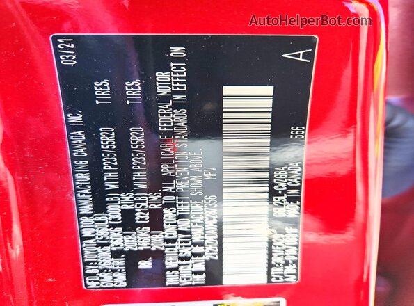 2T2HZMDAXMC287356 2021 LEXUS RX Red Вид наклейки з VIN-кодом