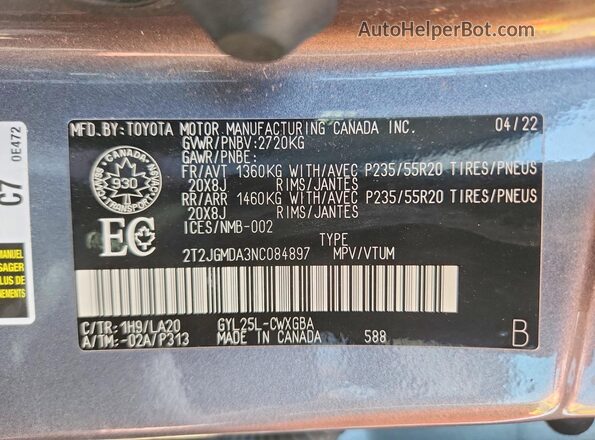 2T2JGMDA3NC084897 2022 LEXUS RX Gray VIN კოდის სტიკერის ხედი