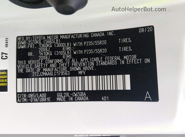 2T2JZMAA6LC179563 2020 LEXUS RX 350 White Vista del compartimento del motor