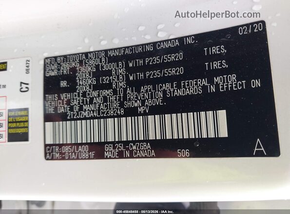 2T2JZMDA4LC238248 2020 LEXUS RX 350 Белый Вид подкапотного пространства