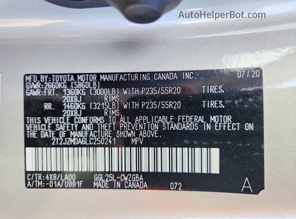 2T2JZMDA6LC250241 2020 LEXUS RX Silver Vista interior de 360 grados