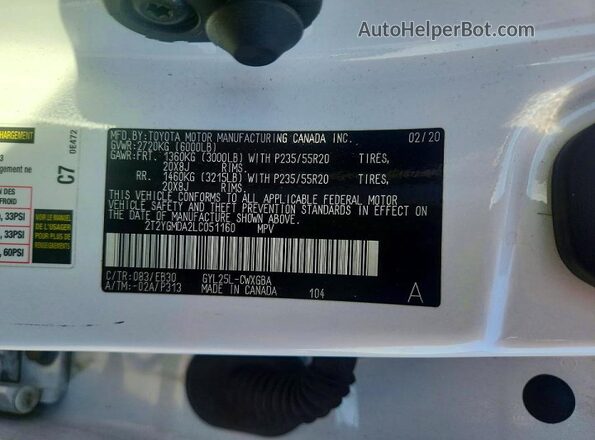 2T2YGMDA2LC051160 2020 LEXUS RX White VIN կոդի պիտակի տեսք