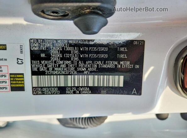 2T2YGMDA2NC072836 2022 LEXUS RX White Вид наклейки з VIN-кодом