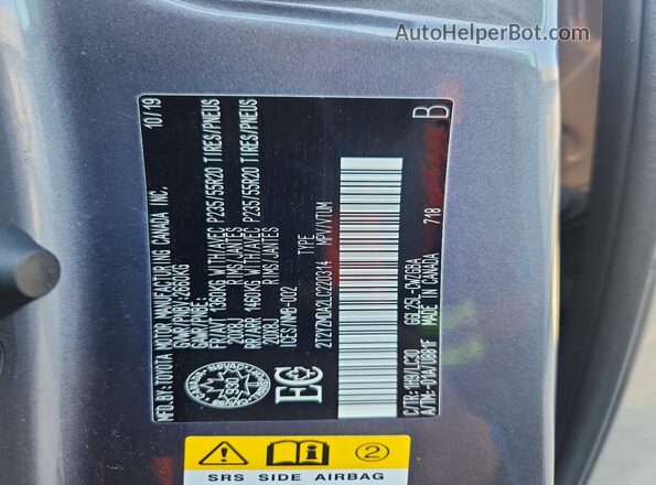 2T2YZMDA2LC220314 2020 LEXUS RX Gray Vista de la etiqueta del VIN