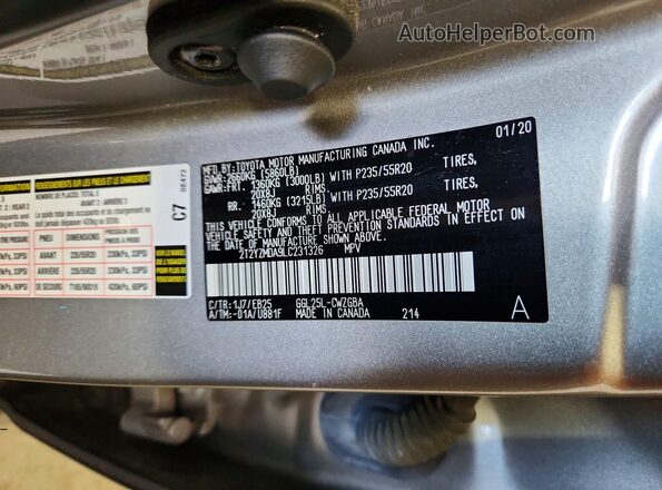 2T2YZMDA9LC231326 2020 LEXUS RX Silver VIN կոդի պիտակի տեսք