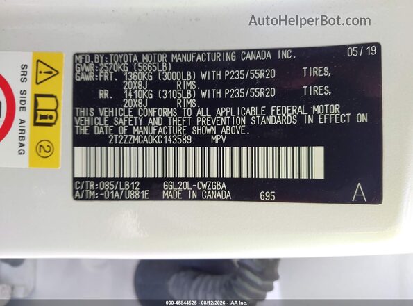 2T2ZZMCA0KC143589 2019 LEXUS RX 350 White Vista del compartimento del motor