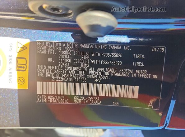 2T2ZZMCA1KC141186 2019 LEXUS RX Blue Widok naklejki z numerem VIN