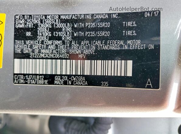 2T2ZZMCA2HC064692 2017 LEXUS RX Silver Vista interior de 360 grados