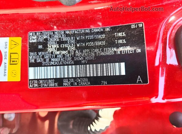 2T2ZZMCA2JC104856 2018 LEXUS RX Red Շարժիչի բաժամունքի տեսք