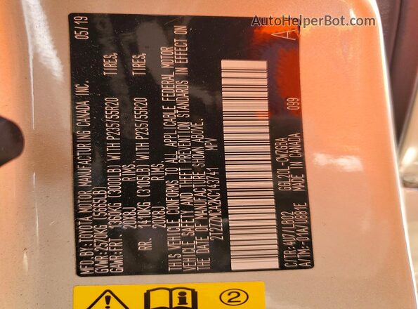 2T2ZZMCA2KC143741 2019 LEXUS RX Gold Widok naklejki z numerem VIN