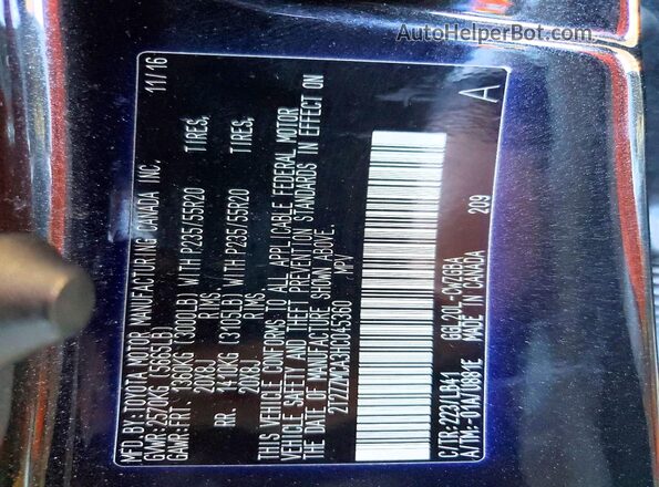 2T2ZZMCA3HC045360 2017 LEXUS RX Black Vista de la etiqueta del VIN