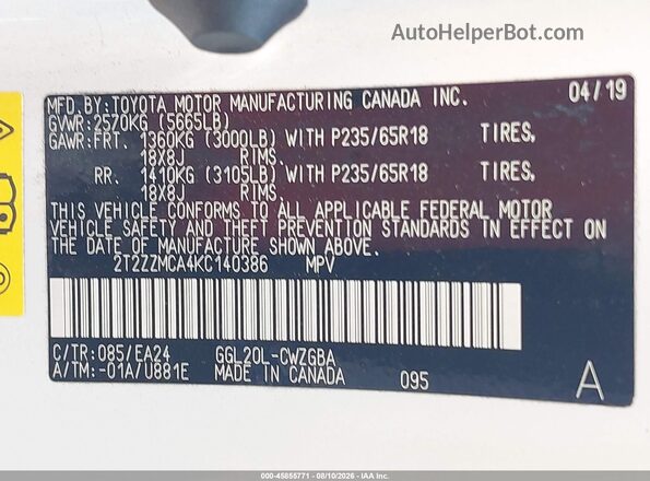 2T2ZZMCA4KC140386 2019 LEXUS RX 350 White Вид підкапотного простору