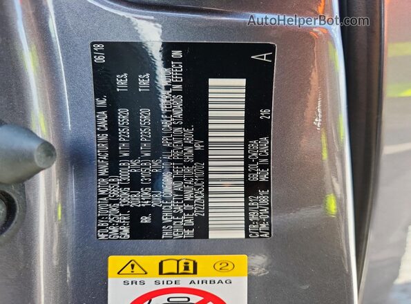 2T2ZZMCA5JC110702 2018 LEXUS RX Gray Вид наклейки з VIN-кодом