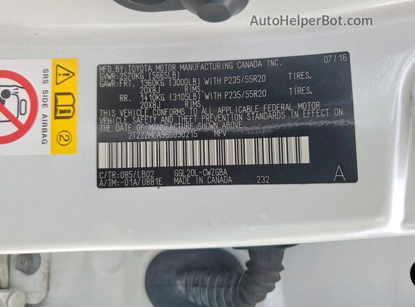 2T2ZZMCA9GC030215 2016 LEXUS RX White VIN կոդի պիտակի տեսք