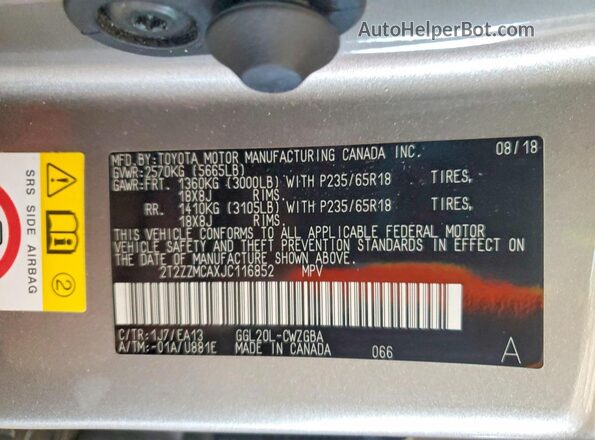 2T2ZZMCAXJC116852 2018 LEXUS RX Gray Vista de la etiqueta del VIN