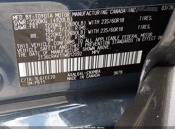 2T36CRAV1TW012092 2026 TOYOTA RAV4 Blue Engine compartment view