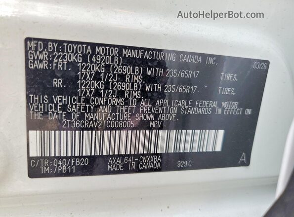 2T36CRAV2TC008005 2026 TOYOTA RAV4 White Vista de la etiqueta del VIN