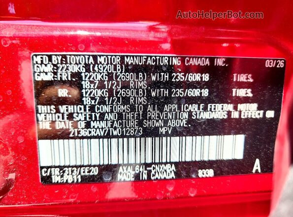 2T36CRAV7TW012873 2026 TOYOTA RAV4 Red Widok wnętrza 360 stopni