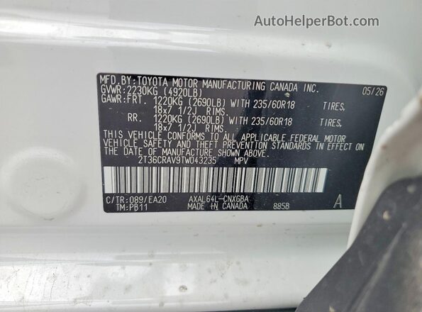 2T36CRAV9TW043235 2026 TOYOTA RAV4 White Widok naklejki z numerem VIN