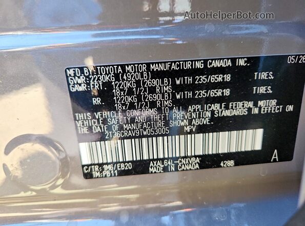 2T36CRAV9TW053005 2026 TOYOTA RAV4 Gray VIN կոդի պիտակի տեսք