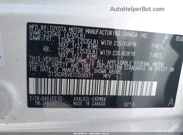 2T36DRBV6TC008911 2026 TOYOTA RAV4 White Շարժիչի բաժամունքի տեսք