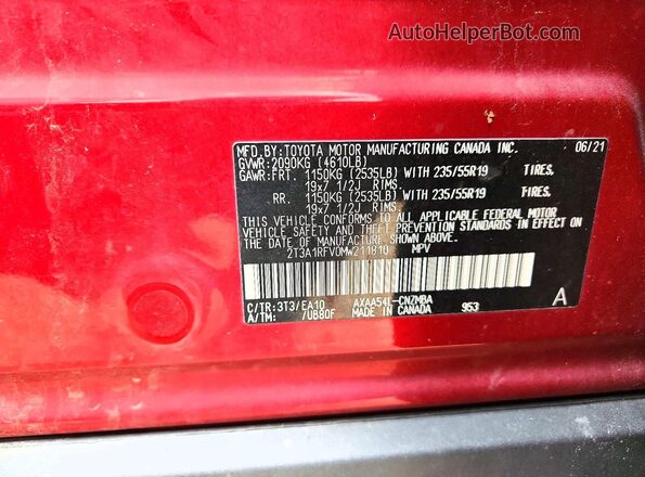 2T3A1RFV0MW211810 2021 TOYOTA RAV4 Burgundy VIN კოდის სტიკერის ხედი