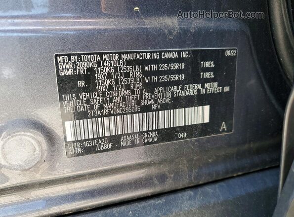 2T3A1RFV0NC295095 2022 TOYOTA RAV4 Серый Вид наклейки с VIN-кодом