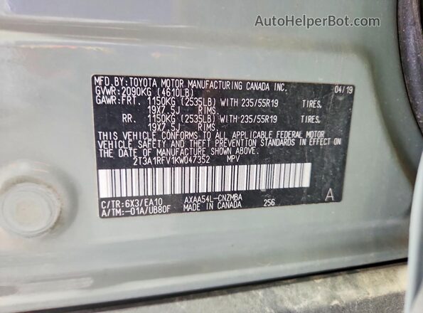 2T3A1RFV1KW047352 2019 TOYOTA RAV4 Серый Вид наклейки с VIN-кодом