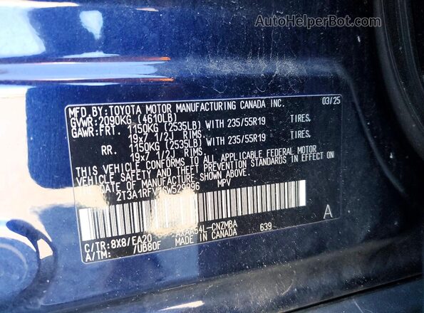 2T3A1RFV1SW529996 2025 TOYOTA RAV4 Blue Вид наклейки з VIN-кодом