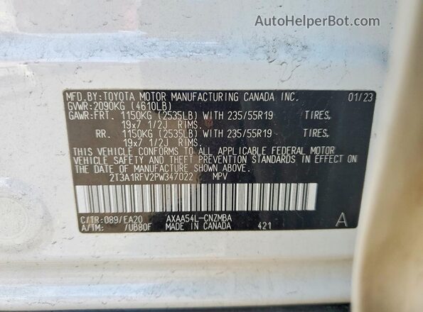 2T3A1RFV2PW347022 2023 TOYOTA RAV4 White VIN կոդի պիտակի տեսք