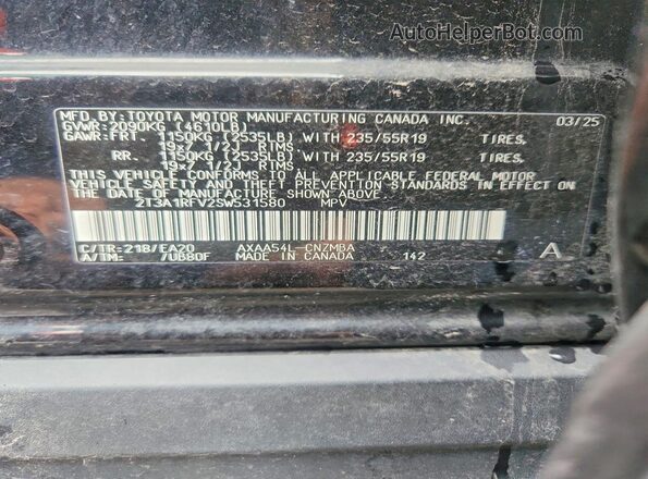 2T3A1RFV2SW531580 2025 TOYOTA RAV4 Black Vista de la etiqueta del VIN