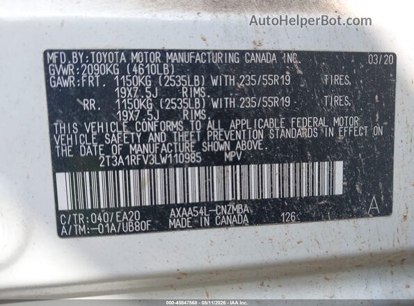 2T3A1RFV3LW110985 2020 TOYOTA RAV4 White Շարժիչի բաժամունքի տեսք