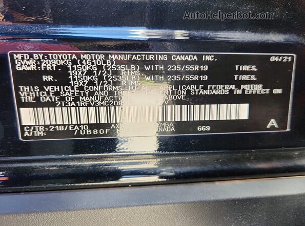 2T3A1RFV3MC208904 2021 TOYOTA RAV4 Black Vista de la etiqueta del VIN