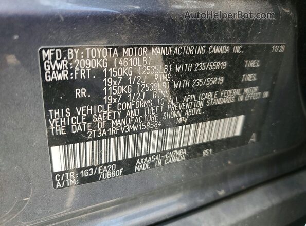 2T3A1RFV3MW158584 2021 TOYOTA RAV4 Gray VIN կոդի պիտակի տեսք
